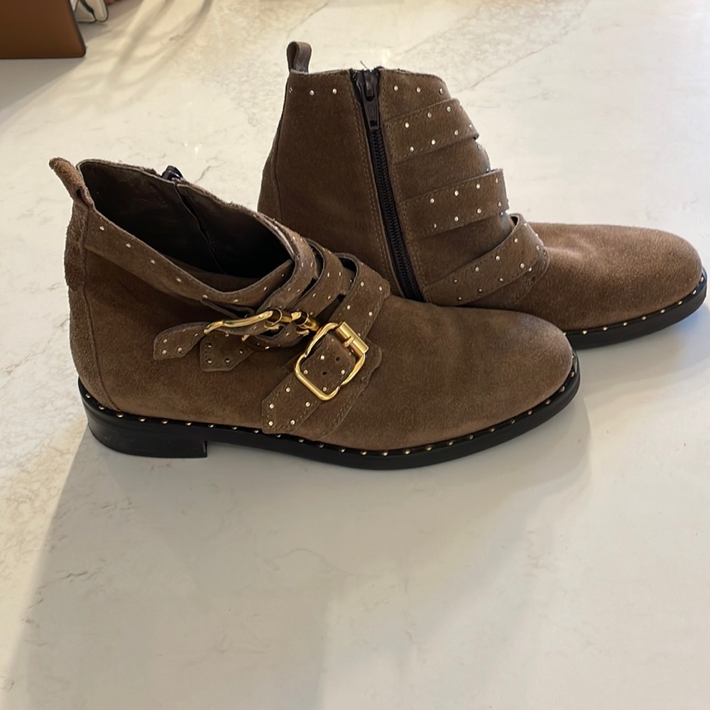Minelli Davos Gomma brown suede buckle boots with gold grommets size 36